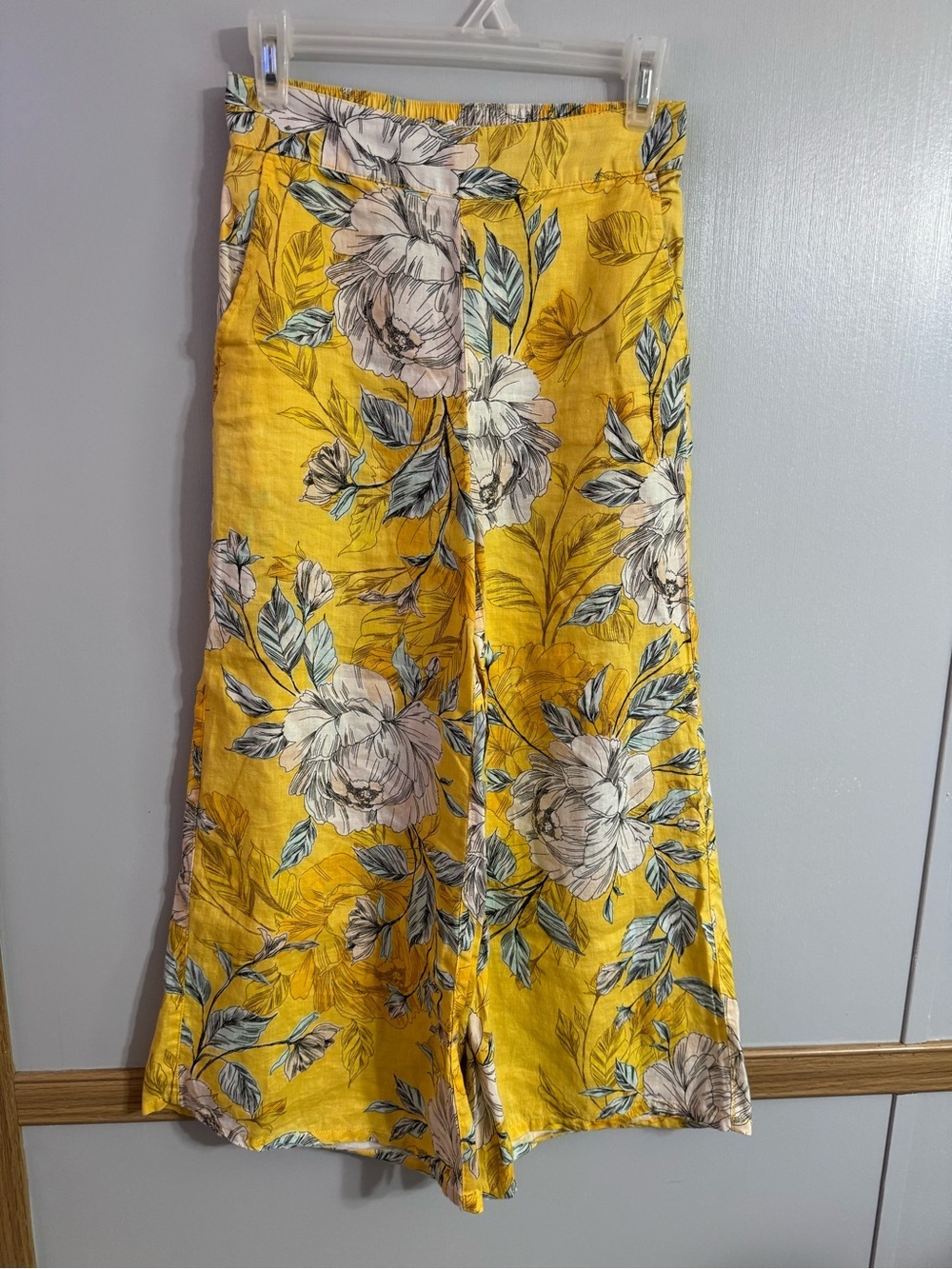 Nicole Miller Yellow Floral Linen Wide-Leg Linen Pants Size XS
